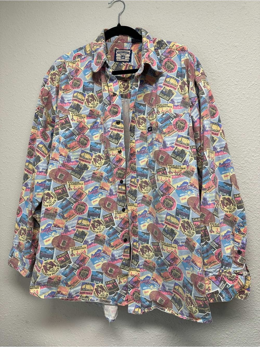 Vintage Unisex Oversized Travel-Print Long Sleeve Jean Overshirt 100% Cotton